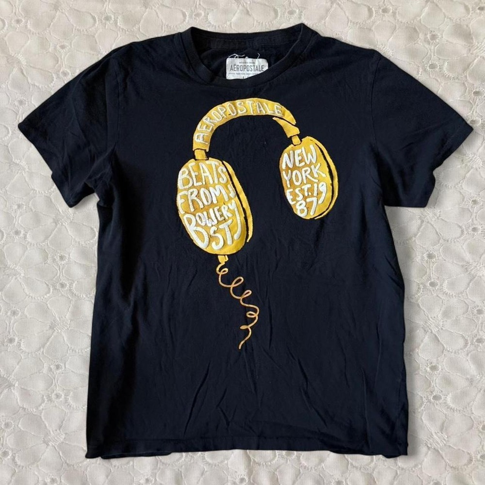 Aeropostale Mens Large Black Graphic T-Shirt Headphones New York Bowery St